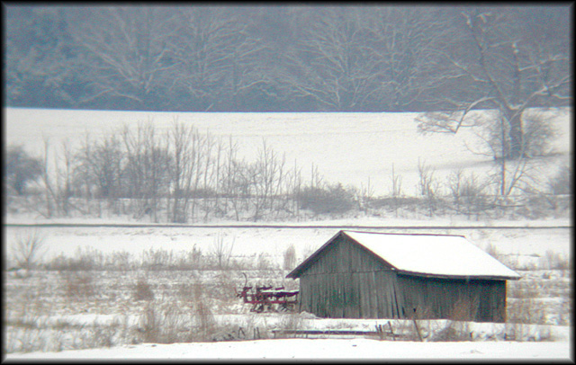 Shed in a field in winter