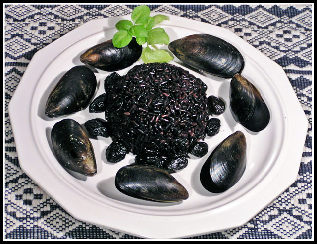 Black Rice Paella with Black Mussels and Black Olives