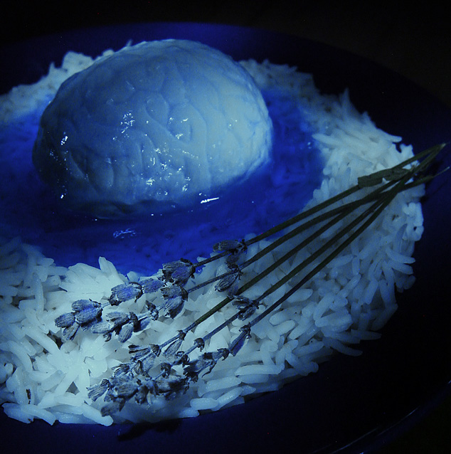 Riz avec cerveau dans sa sauce, garni de lavande