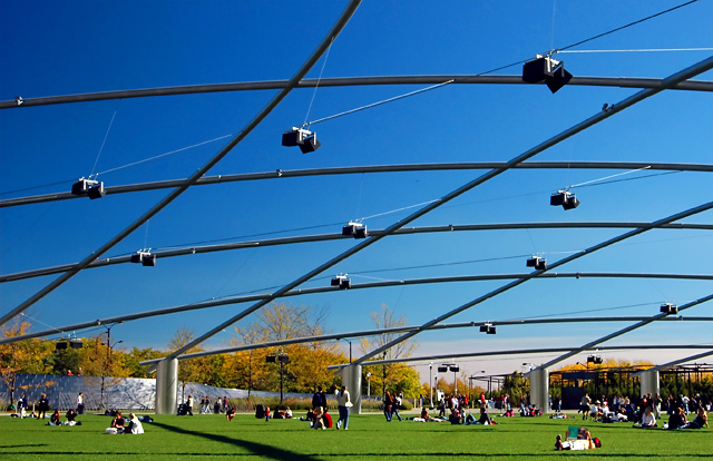 A Trellis of Speakers at an Outdoor Concert Hall