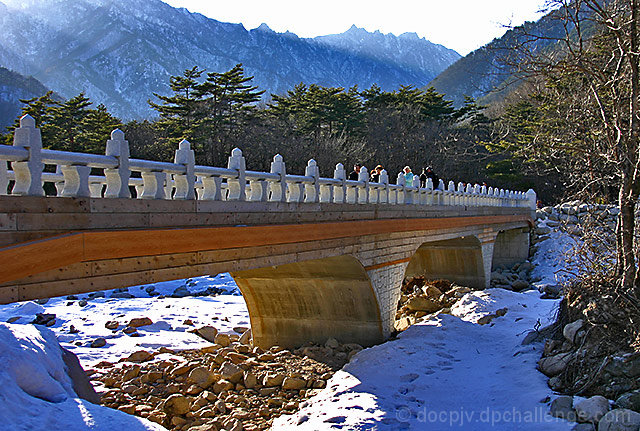 Footbridge over a snowy river.