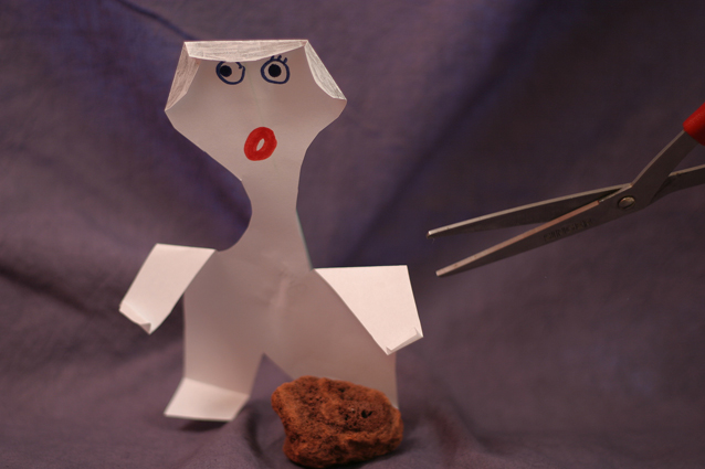 Paper running from Scissors trips over Rock