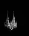 Spires rising in the dark.