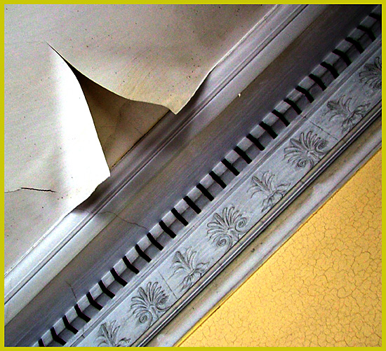 Belsay Hall ceiling, with coving and wallpaper