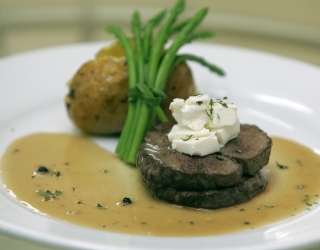 Tenderloin Steak with Goat Cheese and Peppercorn sauce