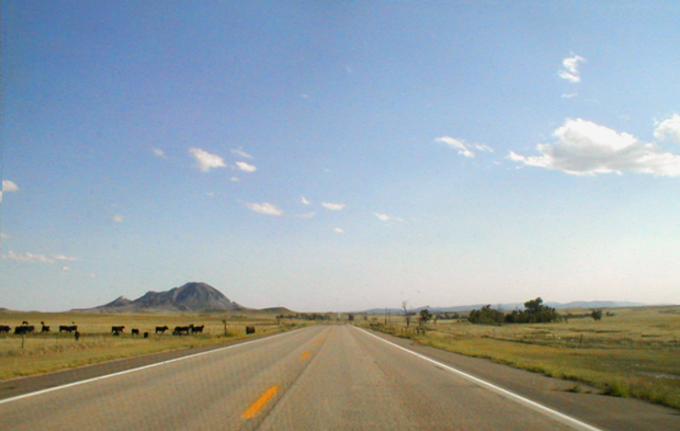 Windshield View of Bear Butte, South Dakota