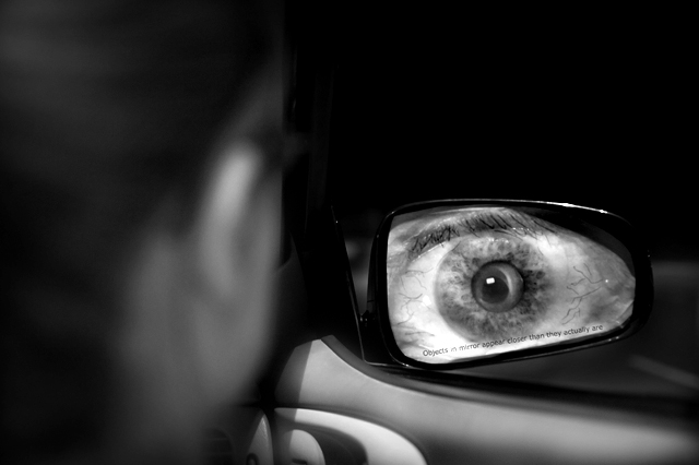"Objects in mirror appear closer than they are"