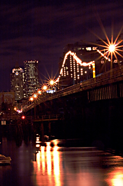 Small town bridge at night