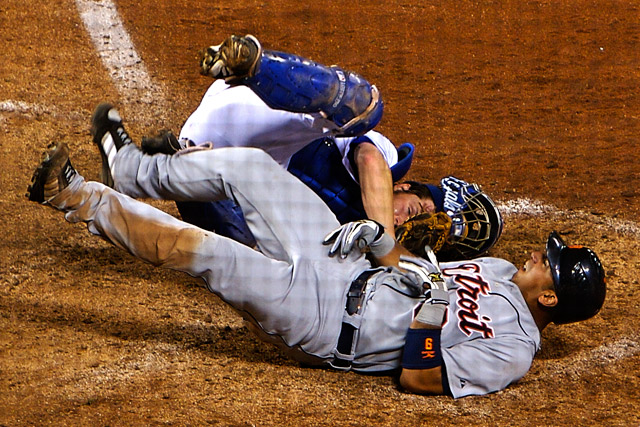 "Ouch!" screams the catcher.  "P-lease drop the ball," struggled the runner.
