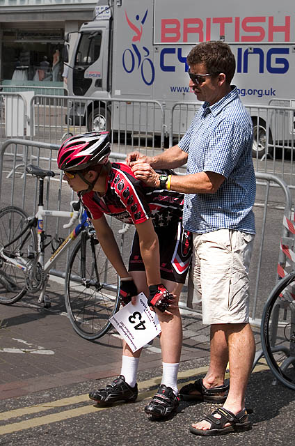 Getting his son ready for the race