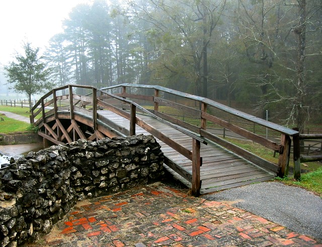 Footbridge on a foggy morning