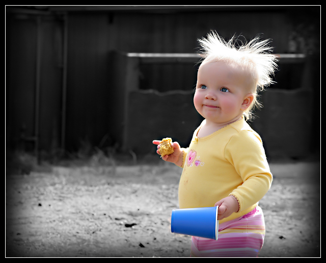 Corn muffin. Blue cup. Crazy hair. Life's good...