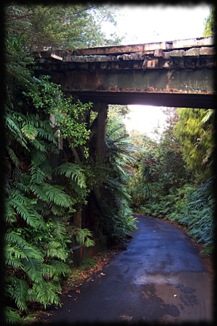 One lane road with derelict bridge