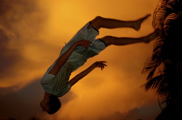 Flying through the sky.