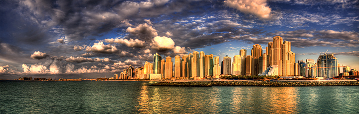 Jumeirah Beach Residence glowing in the sunset