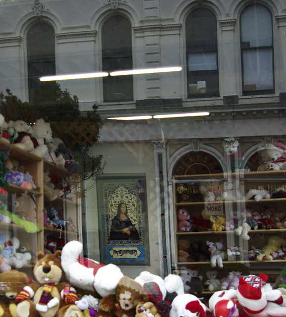 Thift Store Christmas Bears and reflected Carpet Mona Lisa