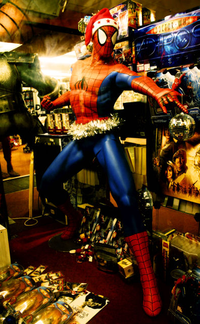 Spiderman didn't mind the hat and tinsel, but he drew the line at the discoball