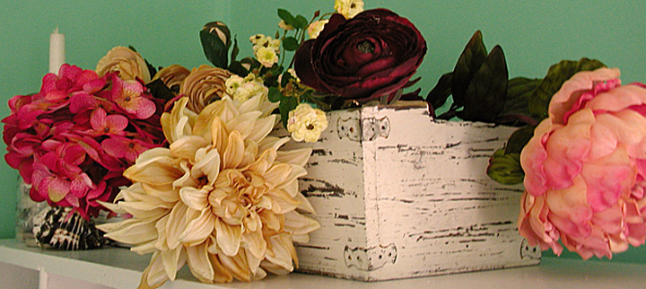 Broken box and Garage Sale flowers:  Seaside Salvage