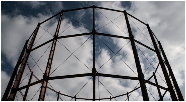 Gas Holder stands tall against an autumn sky