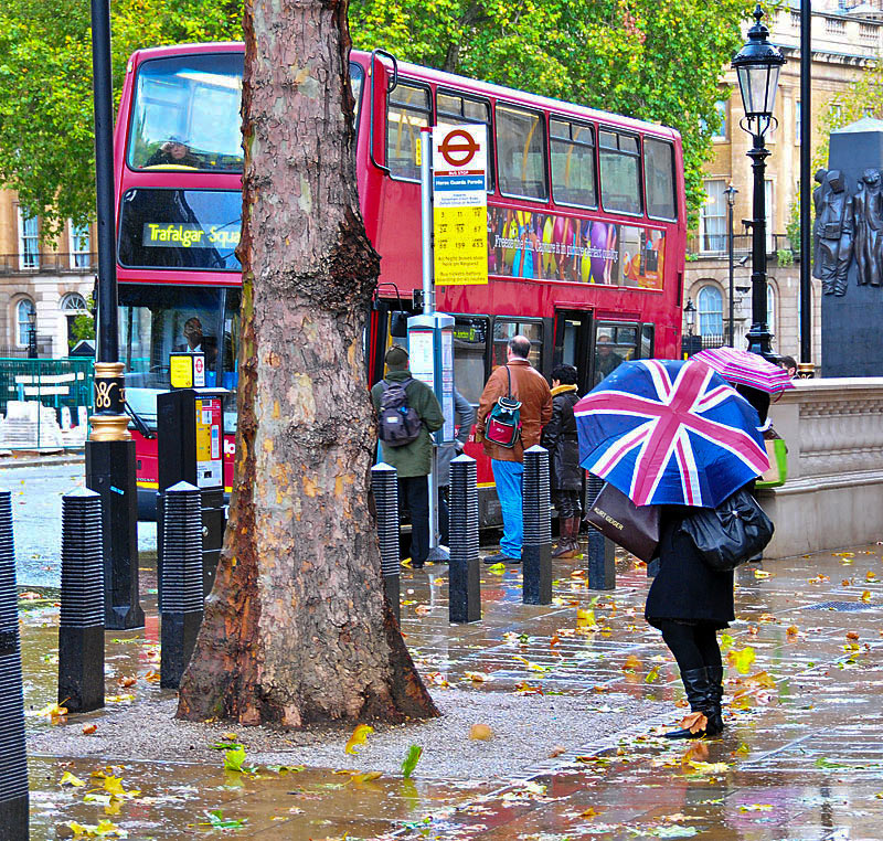 Bus, Union Flag Umbrella and Rain!