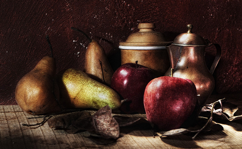 Still life with pots and fruit