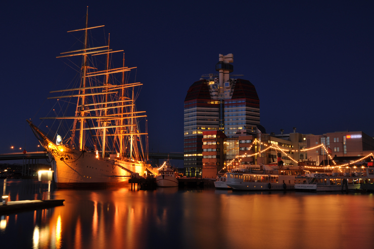 A calm night falling over a calm harbour 