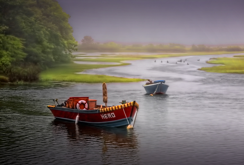 Red Skiff, Blue Skiff, Geese Foraging in the Morning Mist...
