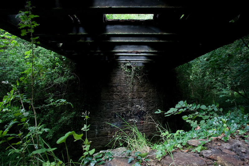 Underneath the bridge.