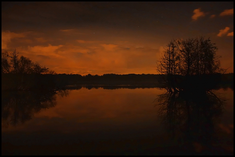 Midnight view across a misty pond