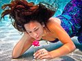 The mystical, underwater beauty was mesmerized by her enchanted rose.