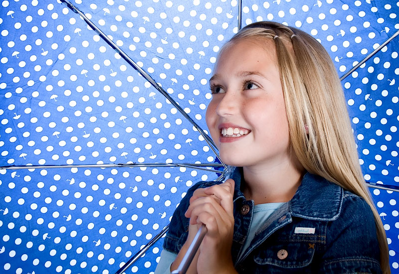 The girl with the blue polka dot umbrella