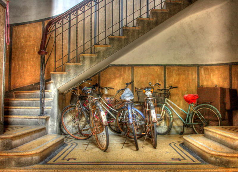 The bike's under the stairs