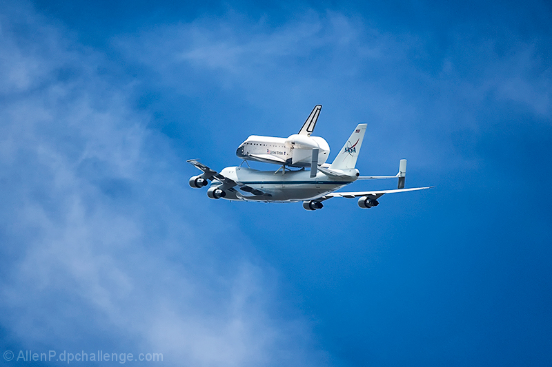 Endeavour mounted on Boeing 747 heading for its final resting place