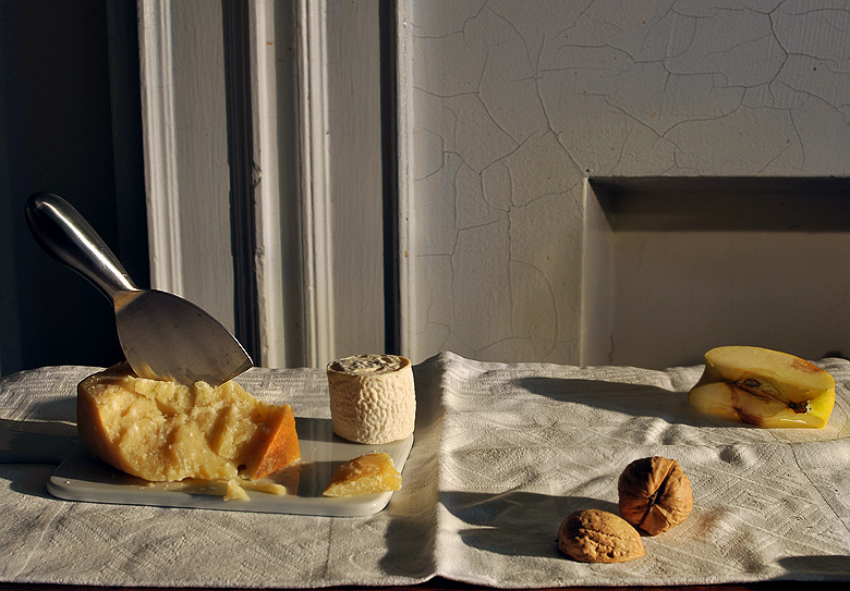 still life with parmesan, chèvre, walnuts and apple