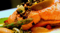 Baked salmon with aspargus,capers,redcurrant, leek and pickeld pear