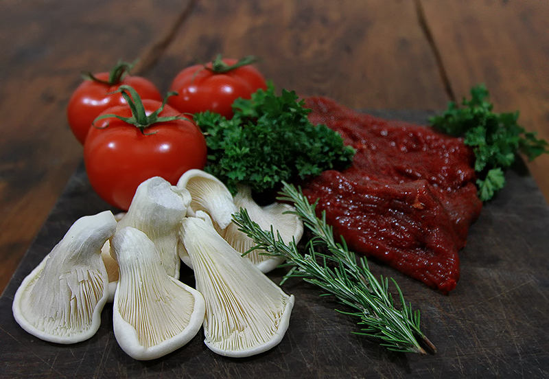 Kangaroo Fillet with Oyster Mushrooms and Vine Ripened Tomatoes