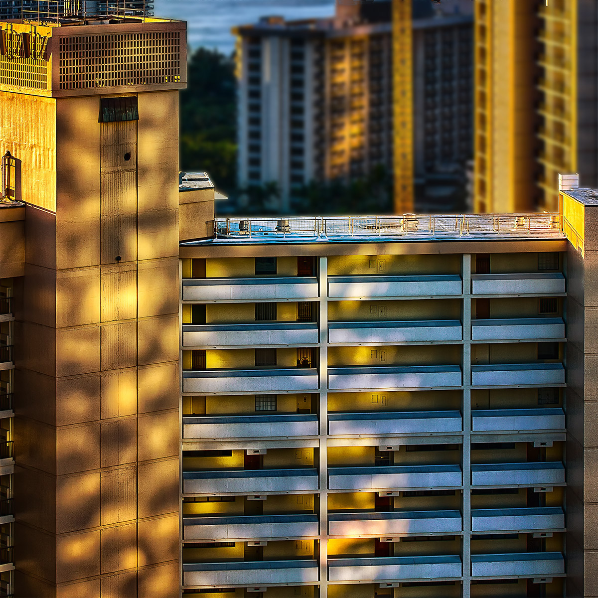 Seven Balconies on a Sun-dappled Building