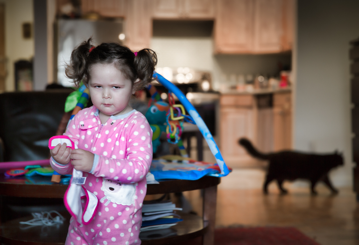 Even bubble gum colored, polka dot pajamas can not save you from morning grumps.