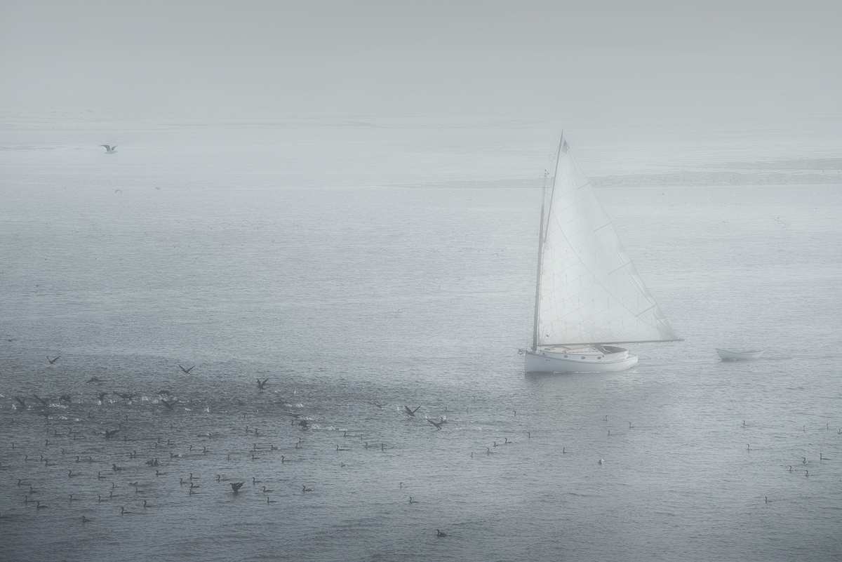 Catboat in the Evening Mist