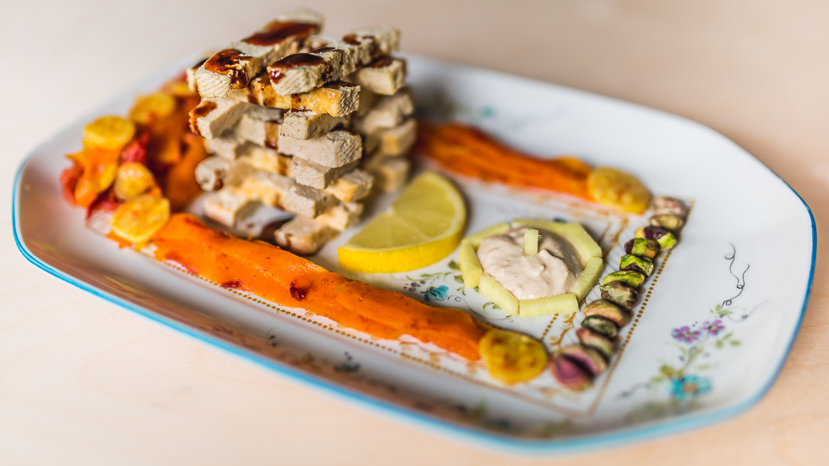 The Bean Curd Tower (with tomato&carrot walls, soy mayonnaise pond and pistachios gate)