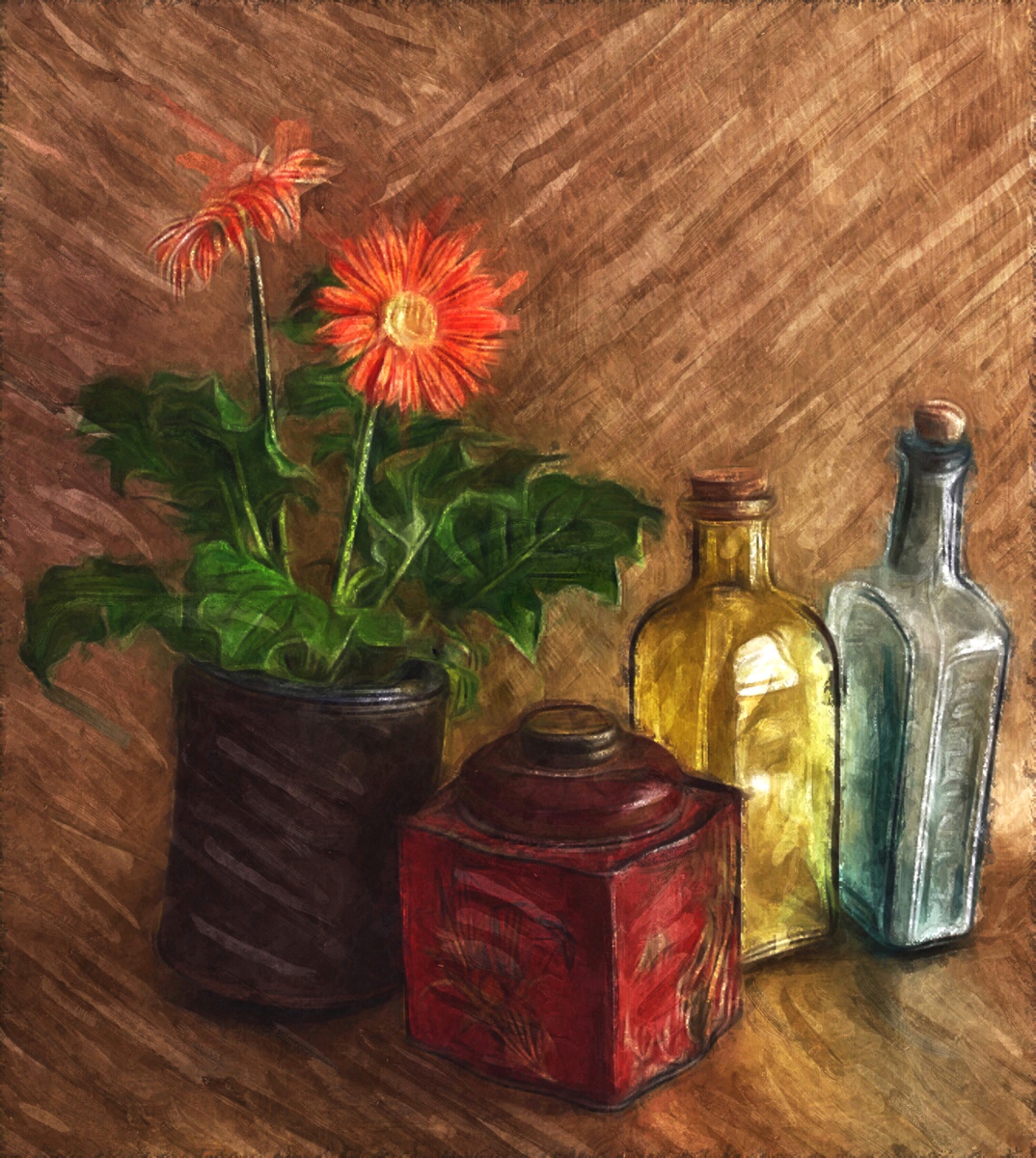 Still Life with Gerbers, Bottles, and Tea Tin