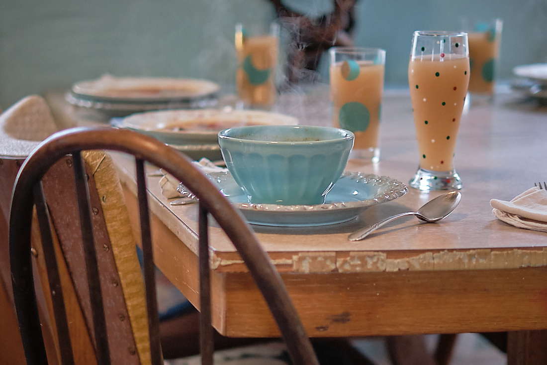 Vintage Soup & Juice on an Old Table