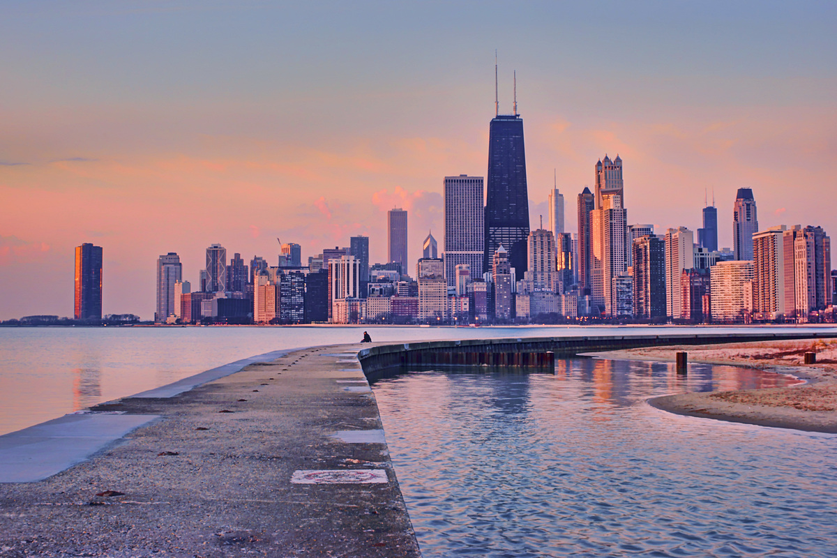 Chicago from Hook Pier, North Avenue Beach, at Sunrise