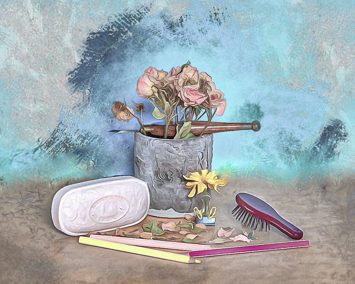 Still life with a large soap and a small hairbrush