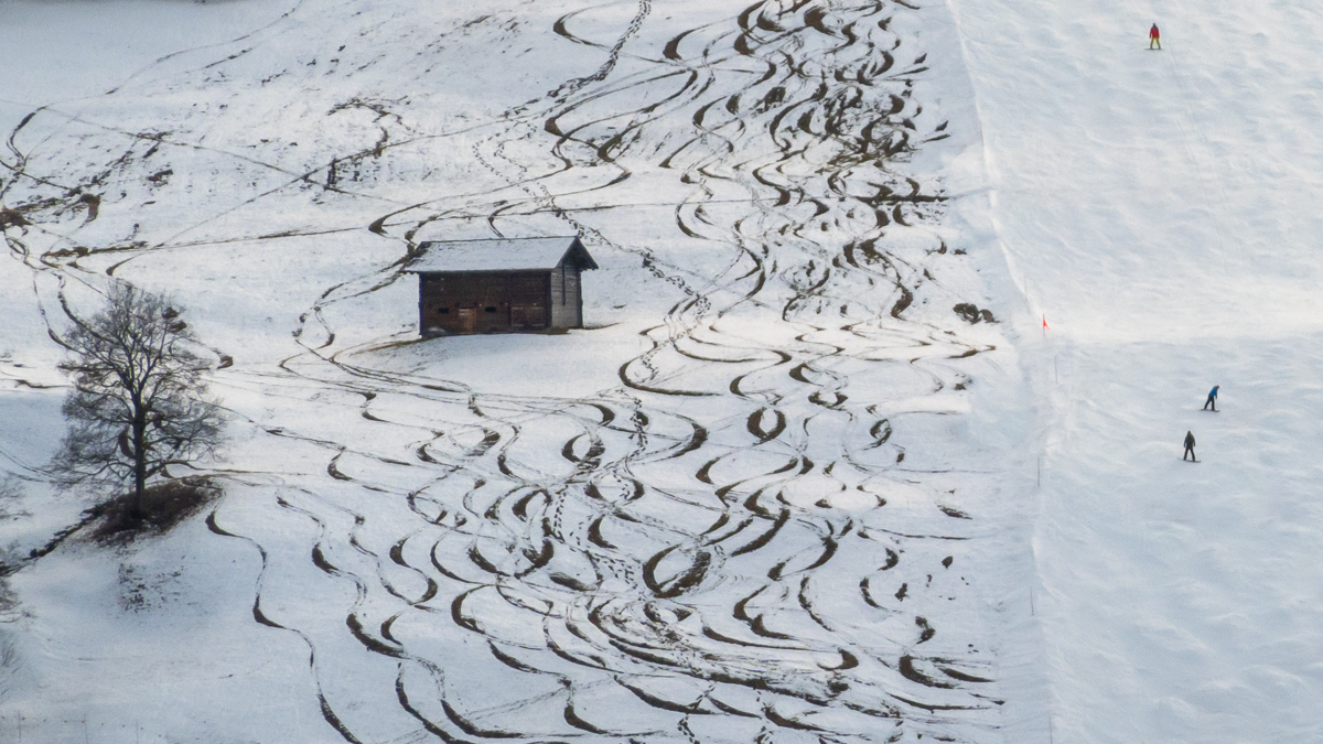 Ski tracks and footprints