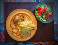 Tomatoes, Cucumbers, Scallions, & Lettuce w/Oil & Vinegar Spiced Dressing & Chicken Masala 