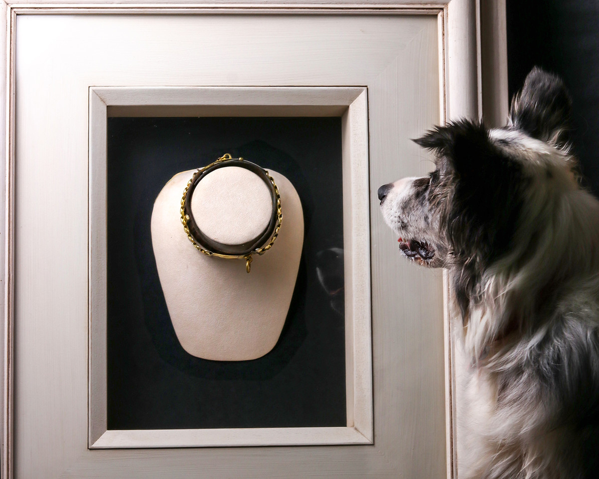 Dog Collar ca 1871, Austro-Hungarian Empire; leather, gold plated chain and name tag 