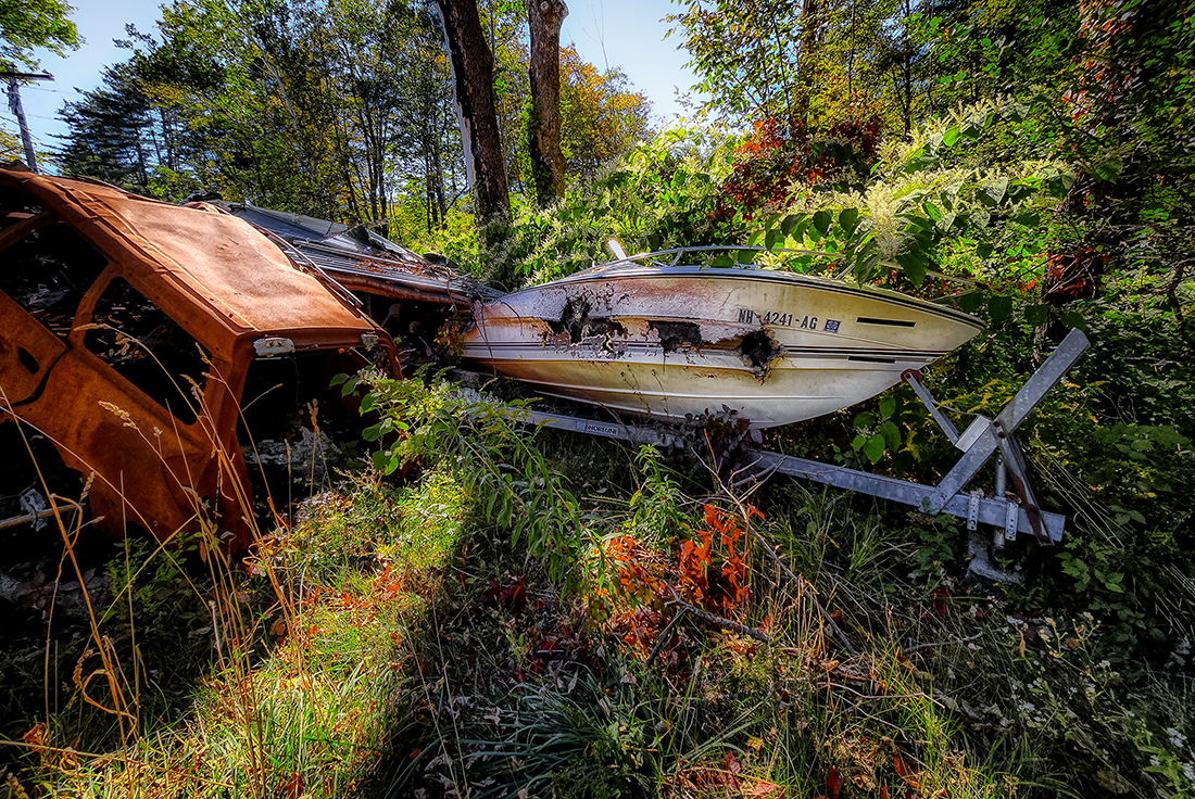 'Dat boat don't float! : Wreckage in the weeds.