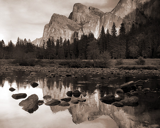 Reflections of Bridalveil Falls and Cathedral Rocks