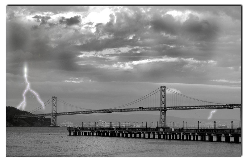 oakland bridge with lightning